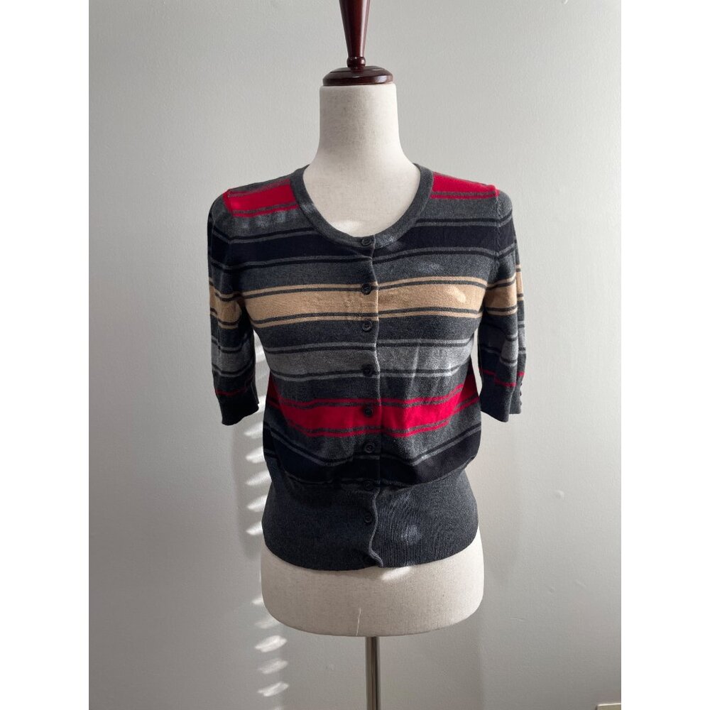 Leo & Nicole Charcoal Gray Striped Cardigan with Red and Tan Accents